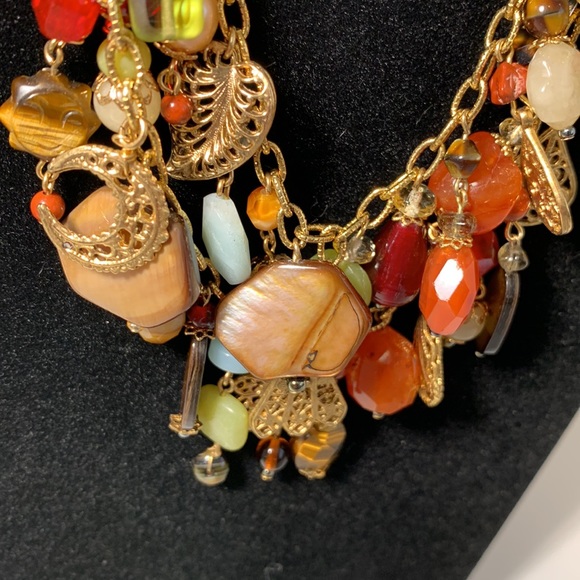 GoldTone Necklace 2 Strand Fall Earthtone Colors Multi Stones Filigree 16.5”+2” - Picture 2 of 11